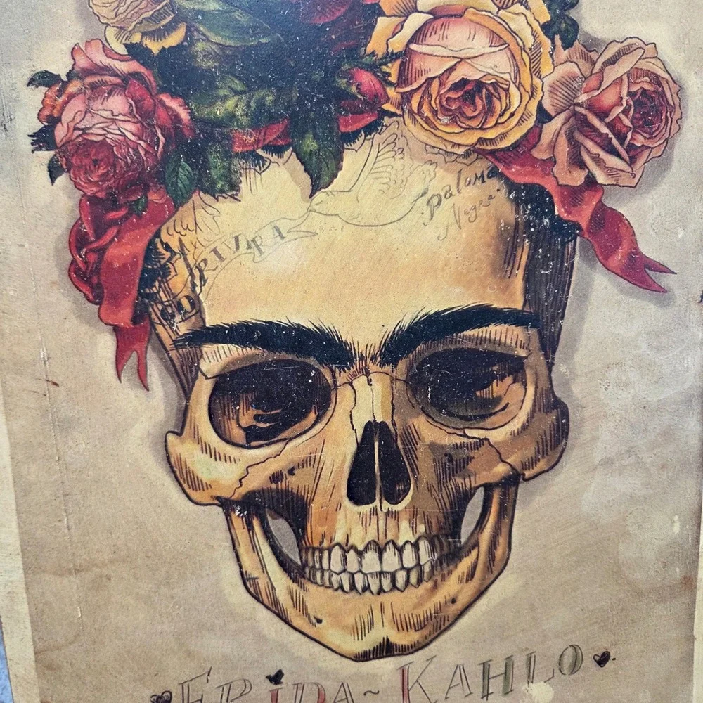 Frida Kahlo Skull Floral Crown Wood Wall Art Plaque Day of the Dead Decor